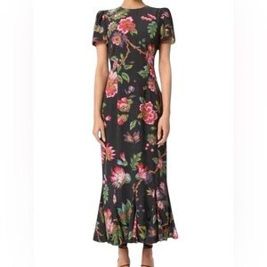 Rhode Lulani Crepe de Chine Floral Flutter Sleeve Round Neck Flounce Hem Midi